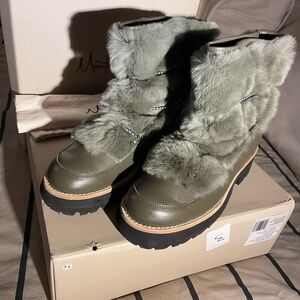 Montelliana 1965 'Jolie' Green Leather Fur Booties Made in Italy